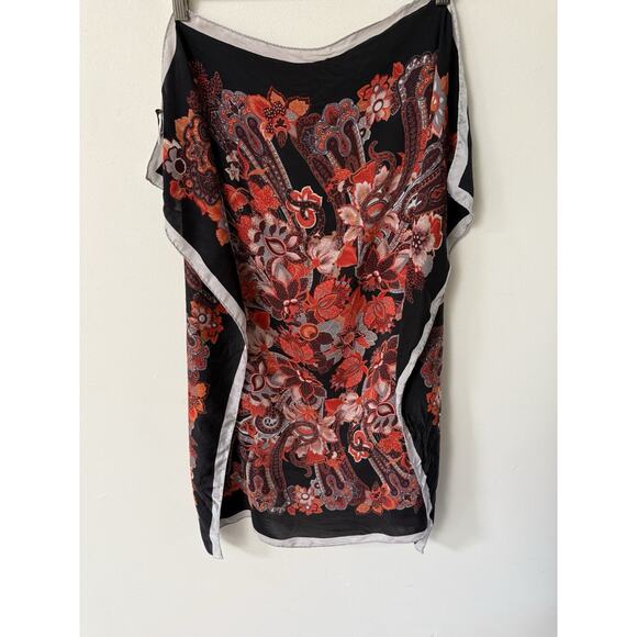 Tie Rack London Silk Scarf Rolled Hem Square Black Red Floral Geometric Artsy - Picture 1 of 9